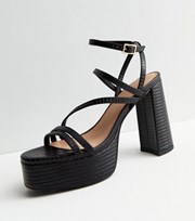 New Look Black Faux Croc Strappy Platform Block Heel Sandals